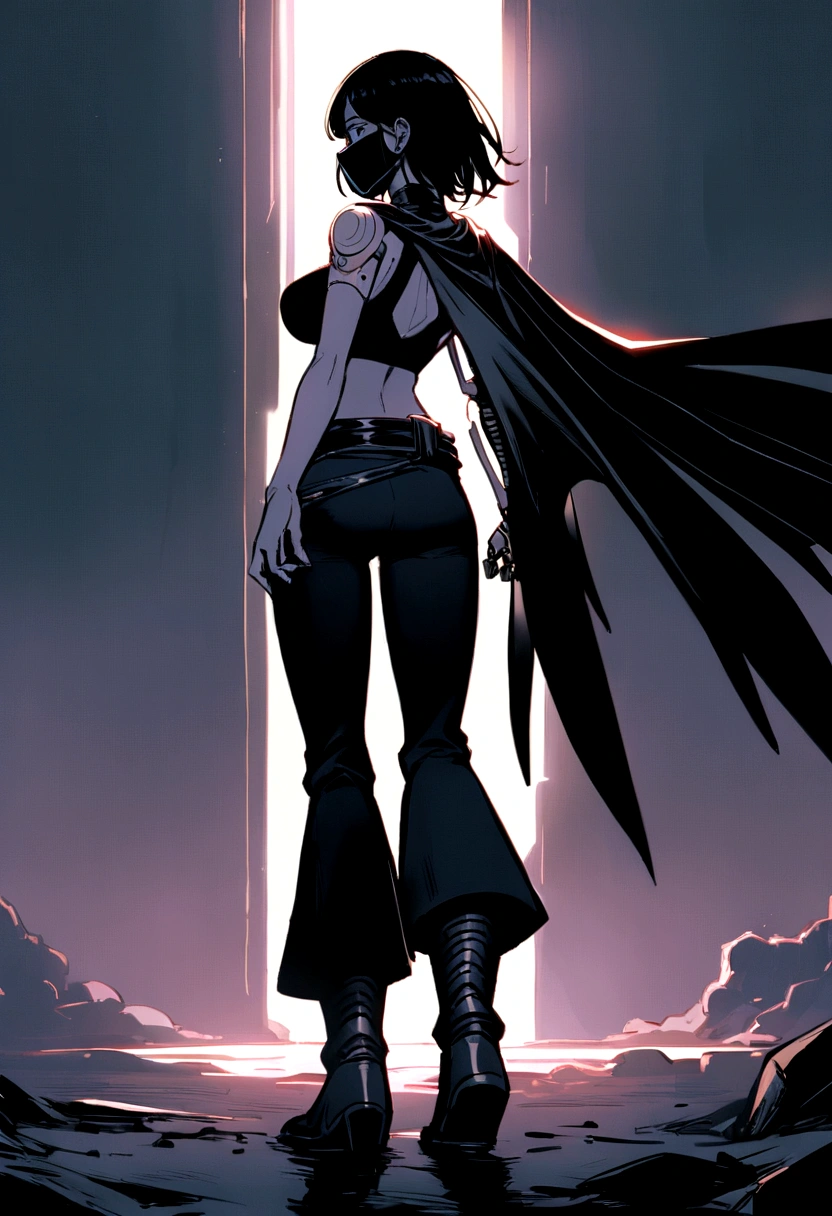 Long black hair woman, cybernetic face mask, with wings from the back of the mask entirely cybernetic right arm, having a black long shoulder cape on the right arm, wearing a black crop top covering medium sized breasts, and long black pants with boots, having a lightly loose belt. 