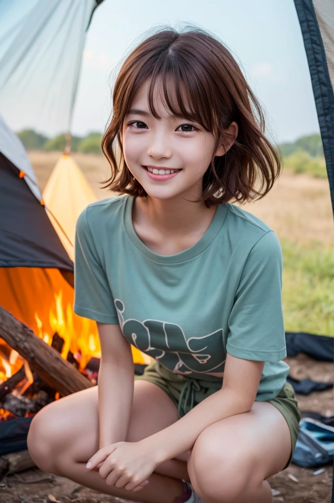 Girl looking at campfire, campsite tent, junior high school third grade, ((full body)), ((photo)), ((best qualtiy, 8K, tmasterpiece:1.3)), Focus:1.2, perfect figure beautiful child:1.4, 1, cowboy shot, look at viewer, incredibly absurd, beautiful and cute  with a photorealistic face, showcasing top-quality craftsmanship, Japanese girl gazing at the campfire at the campsite, 12 years old, short hair, wavy and shiny, crimson hair, big eyes, long eyelashes, smiling face, white teeth, round face, small nose, smooth skin, fair skin, red lips, pink cheeks, lively expression, , delicate, well-balanced proportions, slim, 155cm tall, thin limbs, small A-cup breasts, khaki T-shirt, camouflage shorts, sneakers, beautiful girl, younger sister attributes, active, sociable, cheerful, optimistic, brave, curious, August