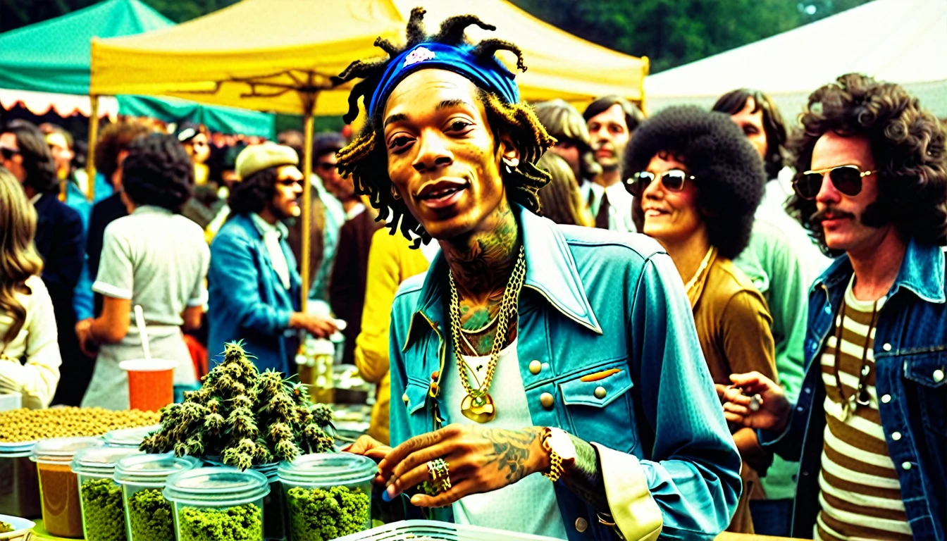 1970s photo of "Wiz Khalifa" wearing 1970s attire while attending a marijuana bake sale,