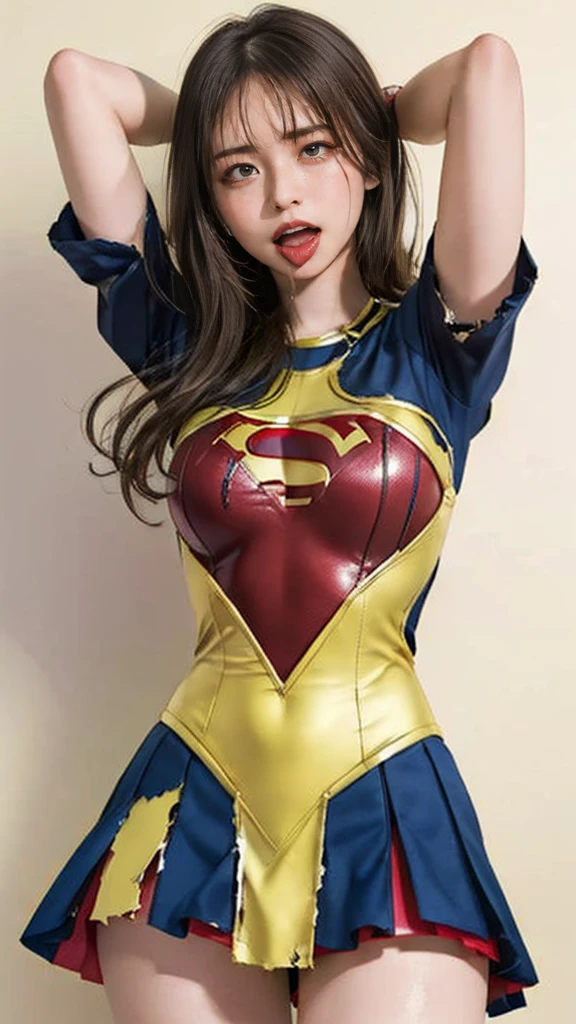 (8k、Highest quality、masterpiece:1.2)、(Realism、Photorealistic:1.37)、Ultra high definition、(Highest quality)、(masterpiece)、Supergirl trapped by tentacles、(Perfect fit body、Perfect fit、Perfect Thighs)、(((Wearing the Supergirl suit、skirt、Damaged、Torn、Thighs in Torn clothes、 Exposed arms)))、Long Hair、Long Hair、(((Tattered clothes、Too much exposure、Torn clothes、引き裂かれたskirt、ボロボロのskirt、White liquid all over the body、White liquid sticks to the body、 on the face、胸に白colorの液体、)))、(((The background is a prison、Hands clasped behind head、Surrounded by tentacles、The body is connected by many tentacles.、Hands bound by tentacles、The legs are tied with tentacles、Tentacles groping the whole body、color々Mature woman posing))),(Open your mouth、Scream、painでうめき声をあげる, painを感じ, Flowing Tears:1.5), pain, Painful and crying、A meat stick is stuck in his crotch、