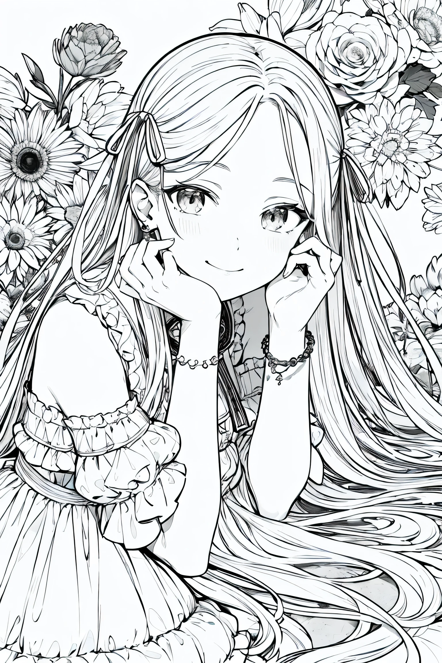 masterpiece, best quality, 1girl, solo, long_hair, looking_at_viewer, smile, dress, ribbon, jewelry, very_long_hair, hair_ribbon, flower, bracelet, two_side_up, hand_on_own_face, head_rest, hand_on_own_cheek, lineart, monochrome,
