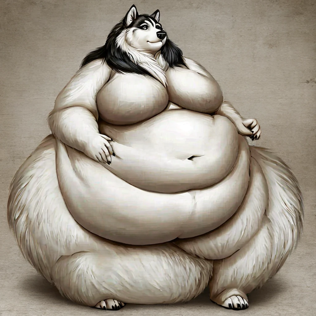 Malamute, female, long hair, black and white fur, morbidly obese, fat arms, fat legs, belly rolls, gorgeous, beautiful, eyelashes, voluptuous, plump , standing, mature looking