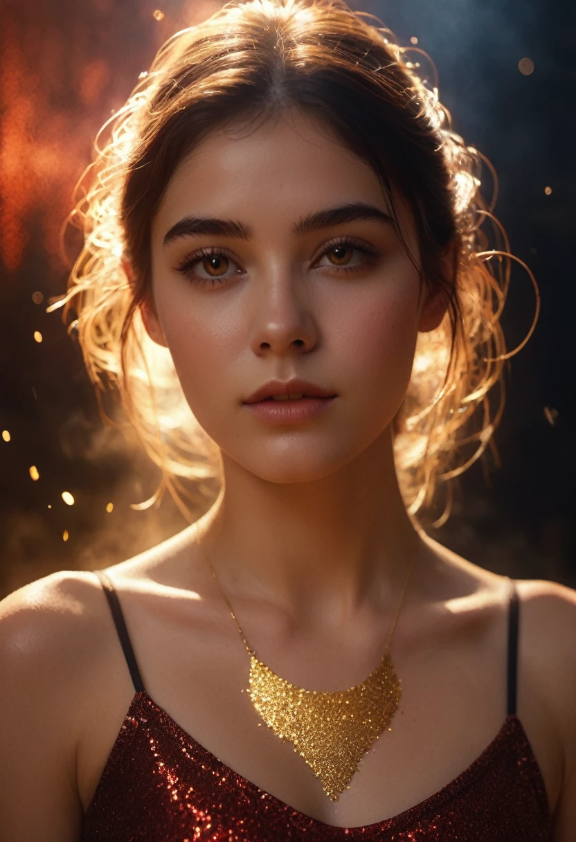 A movie film still of super very close-up portrait of a beautiful 18 year old woman with a mesmerizing and intense gaze, her face illuminated by warm, glowing light. She has glittering gold dust on her face, gold reflection in her eyes, and her lips are a deep, glossy red with shiny sparkles. The background is dark, with sparks and embers floating around her, creating a mystical and fiery atmosphere. Her expression is one of awe and wonder, with eyes reflecting the glowing light. Her hair is slightly messy, adding to the dramatic and ethereal feel of the scene. soaked film, 4k , 8k ,UHD, slightly sweaty skin, arms up, sleeveless, armpit, collarbone, photorealistic, open arms,