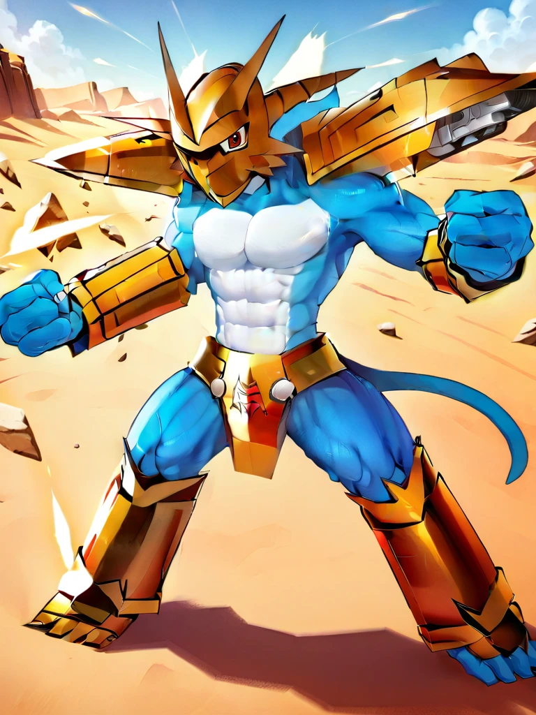 solo,angry Magnamon,tall,(musclar:1.5), blue and white skin,(battle damaged:1.5),(topless Magnamon:2),(armor fragments:1.5),(shirtless:1.5), fighting_stance, in desert ,full_shot
