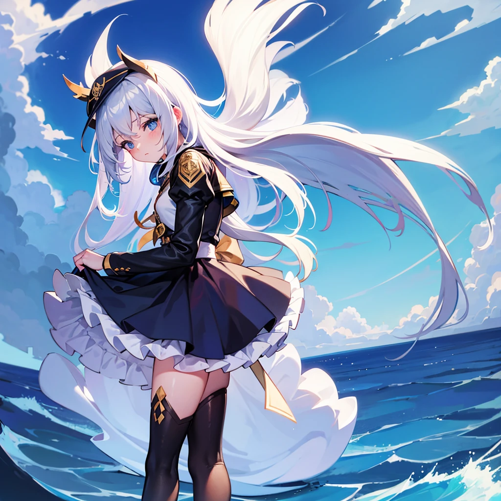 Zani, 1girl, loock at sky, veiv from side, in uniform