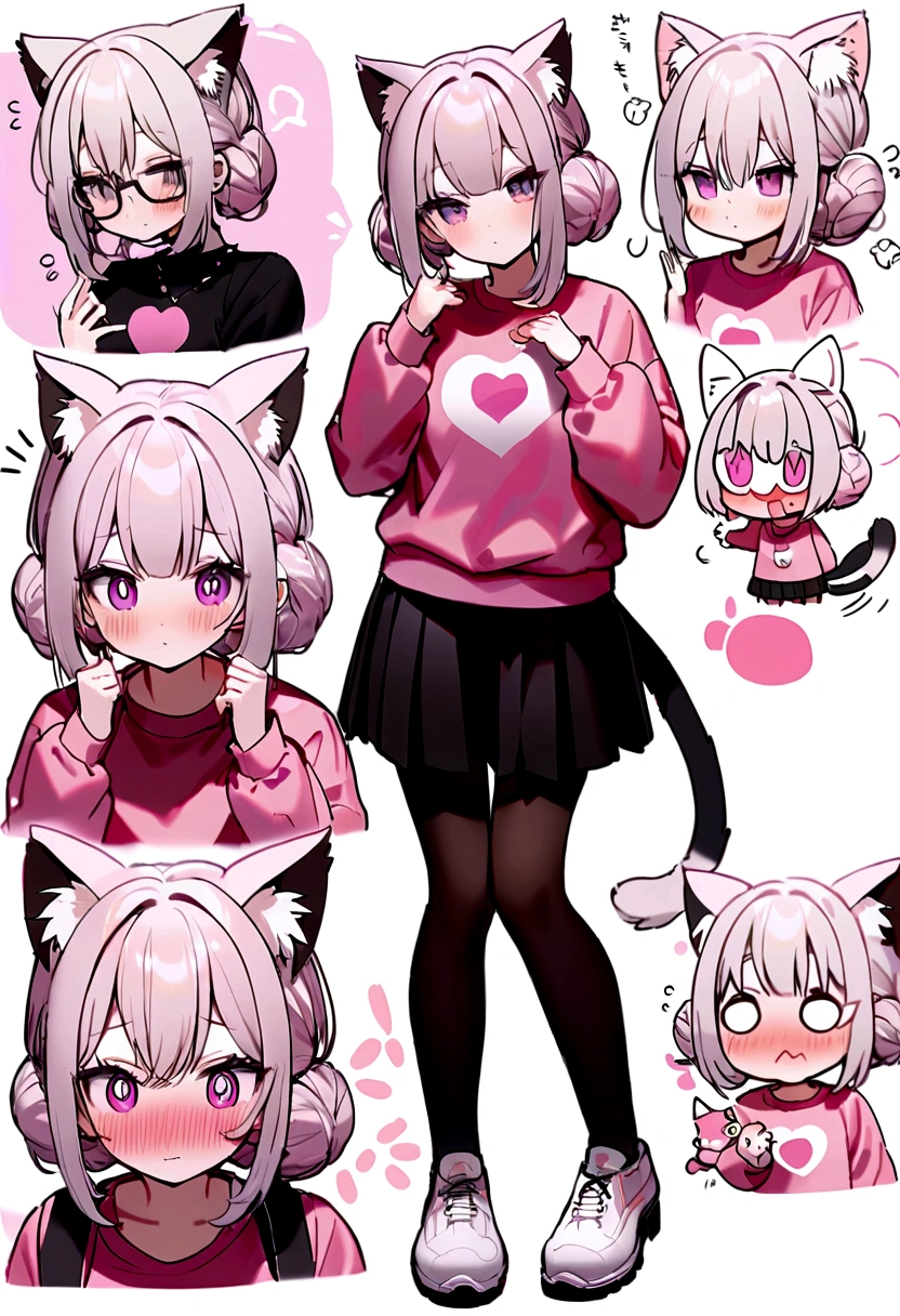 I have white pink hair, cat ears, a bun, my face is super blushing, black glasses, pink heart eyes, a big pink sweatshirt, a black skirt, black stockings, white shoes, a cat's tail, a girl. Very shy