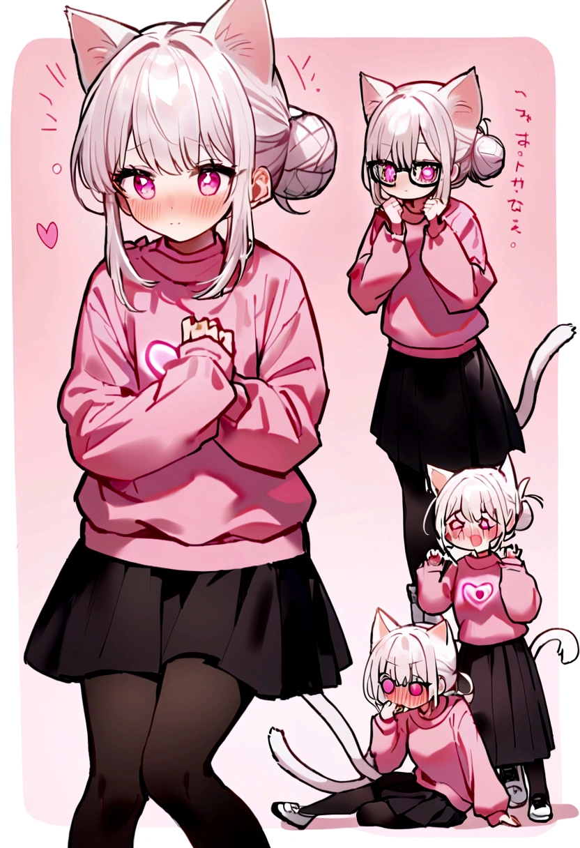 I have white pink hair, cat ears, a bun, my face is super blushing, black glasses, pink heart eyes, a big pink sweatshirt, a black skirt, black stockings, white shoes, a cat's tail, a girl. very shy that she is glued to a wall with her butt