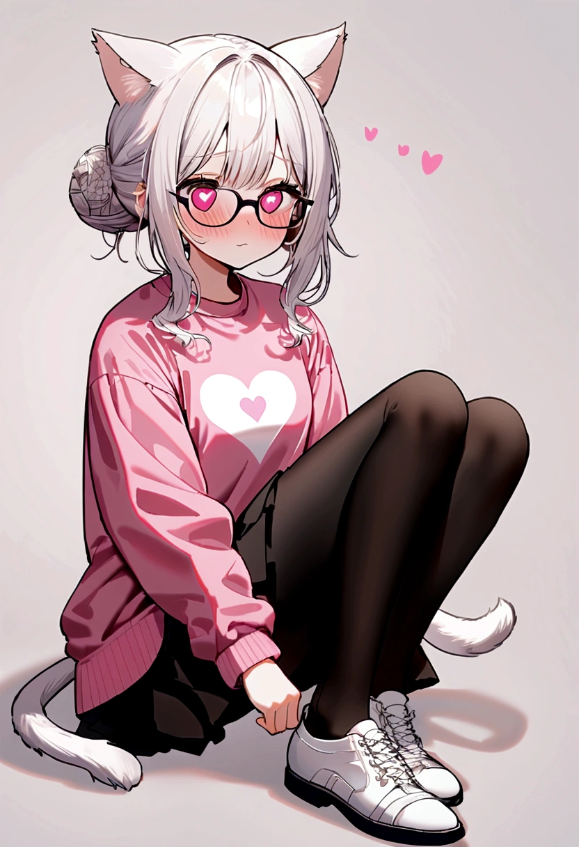 I have white pink hair, cat ears, a bun, my face is super blushing, black glasses, pink heart eyes, a big pink sweatshirt, a black skirt, black stockings, white shoes, a cat's tail, a girl. Very shy