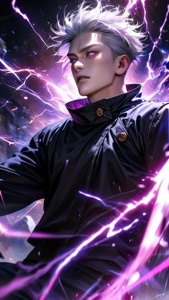 High quality, ultra realistic,absurdres, highres, ultra detailed, HDR, masterpiece, extremely detailed face and eyes, Gojo satoru , jujutsu kaisen,, white hair ,black shirt , solo, ,man, handsome, ,white eyeleshes , Epic fight scene, purple splashing effect,purple lightning effect,glowing glitters ,