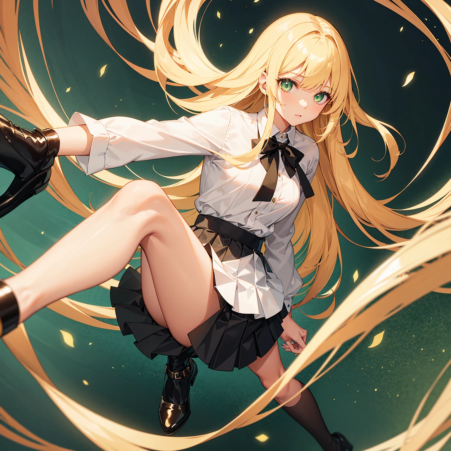 1 girl,long golden blonde hair(bangs),green eyes,wearing a white shirt,black short pleated skirt,stockings,black heels