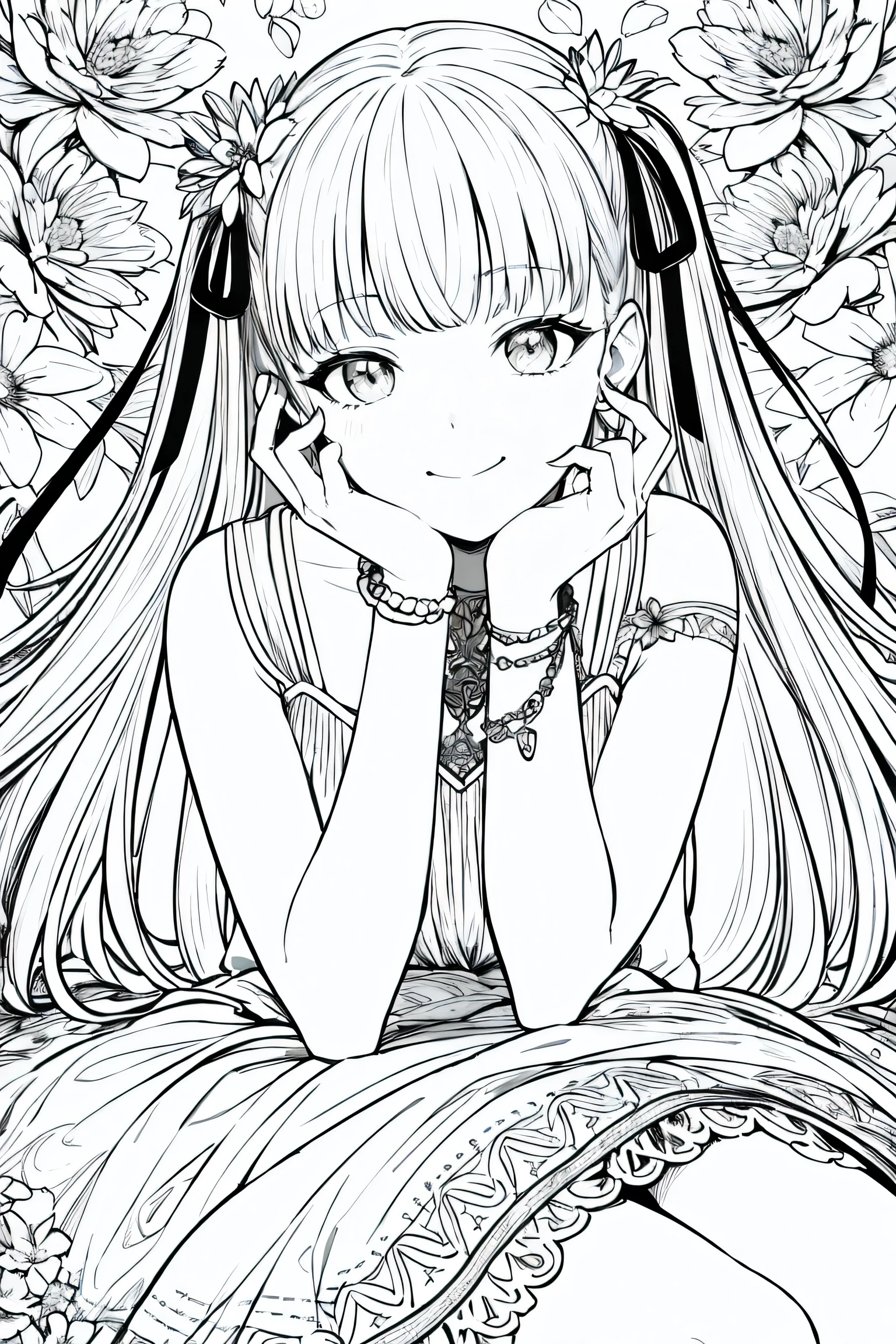 masterpiece, best quality, 1girl, solo, long_hair, looking_at_viewer, smile, dress, ribbon, jewelry, very_long_hair, hair_ribbon, flower, bracelet, two_side_up, hand_on_own_face, head_rest, hand_on_own_cheek, lineart, monochrome,