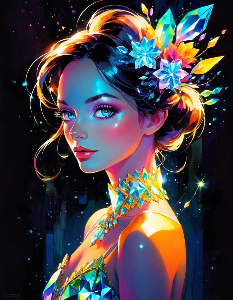 ,gem, flower, galaxy, (crystal flowers), ((flowers made of crystals)), ((crystals growing out of flowers)), ballet, ballerina ,Crystals, (diamond hair: 1.1), (diamond eyes:1.1), reflective, portrait, gemstone body, Luminance, Calm,Very bright ors on a dark background, glowing ors, glow, or depth, sharp transition to bright, neon ors, acid ors, smooth ors, high quality glow, bright neon, orful neon, atmospheric, light flares, intricate details, enhanced lighting,Very bright colors on a dark background, glowing colors, glow, color depth, sharp transition to bright, neon colors, acid colors, smooth colors, high quality glow, bright neon, colorful neon, atmospheric, light flares, intricate details, enhanced lighting,Crystals, (diamond hair: 1.1), (diamond eyes:1.1), reflective, portrait, gemstone body, Luminance, Calm, ,codestyle (art inspired in Bill Sienkiewicz). oil painting)
