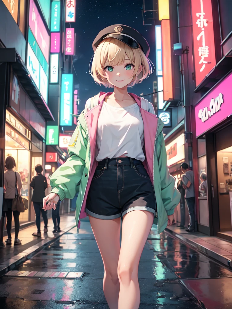 1girl, short blonde hair with bangs, almond shaped green eyes, wearing a simple white shirt with an imprint, a pink and blue rainjacket, dark blue Shorts, slight makeup, rose lipgloss, smiling softly, solid black cap, walking through tokyo, absurdres, high res, ultrasharp, 8k, masterpiece, looking at store windows, starry night sky, neon city lights