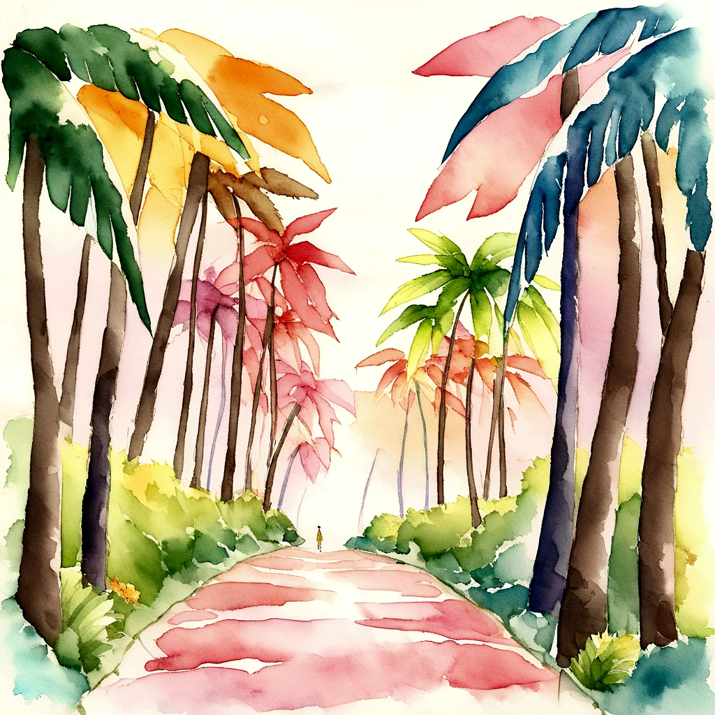An imaginative watercolor interpretation of the street lined with palm trees,  where the colors blend and flow, tropical trees, exterior botanical garden, with palm trees in the back, natural botanical gardens, botanical garden, palm trees in the background, tree palms in background, Descriptive keywords: Imaginative watercolor, Color blending, Watercolor ambiance, Twilight inspiration. Camera type: Watercolor paper. Time of the day: Twilight sunset. Style of artwork: Whimsical and imaginative. By artist: TwilightCanvas -ar 3:2