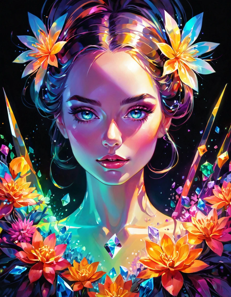 ,gem, flower, galaxy, (crystal flowers), ((flowers made of crystals)), ((crystals growing out of flowers)), ballet, ballerina ,Crystals, (diamond hair: 1.1), (diamond eyes:1.1), reflective, portrait, gemstone body, Luminance, Calm,Very bright ors on a dark background, glowing ors, glow, or depth, sharp transition to bright, neon ors, acid ors, smooth ors, high quality glow, bright neon, orful neon, atmospheric, light flares, intricate details, enhanced lighting,Very bright colors on a dark background, glowing colors, glow, color depth, sharp transition to bright, neon colors, acid colors, smooth colors, high quality glow, bright neon, colorful neon, atmospheric, light flares, intricate details, enhanced lighting,Crystals, (diamond hair: 1.1), (diamond eyes:1.1), reflective, portrait, gemstone body, Luminance, Calm, ,codestyle (art inspired in Bill Sienkiewicz). oil painting)