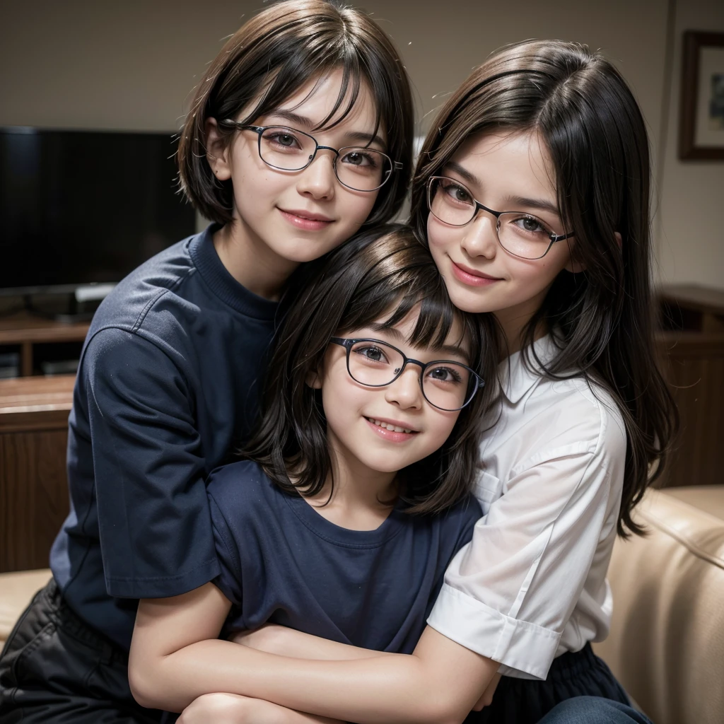 Draw an 11-year-old girl with medium brown skin, ojos cafes,pelo de color negro recogido en una coleta ,vestida de una falda roja y,white shirt and smiling hugged with man who is her dad with black hair and military cut hairstyle, medio moreno , formido,wearing a navy blue shirt with black pants and wearing glasses about 40 years old
