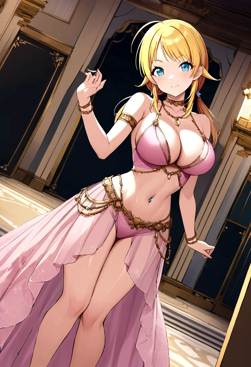 blonde Hachimiya Meguru with twintails, a very detailed face, blue eyes, a pink tight noble dress with very large breasts, a slim waist, slim hips, a very deep cleavage, golden necklaces and a golden choker, standing in a palace room. pink see-through midriff, navel piercing.