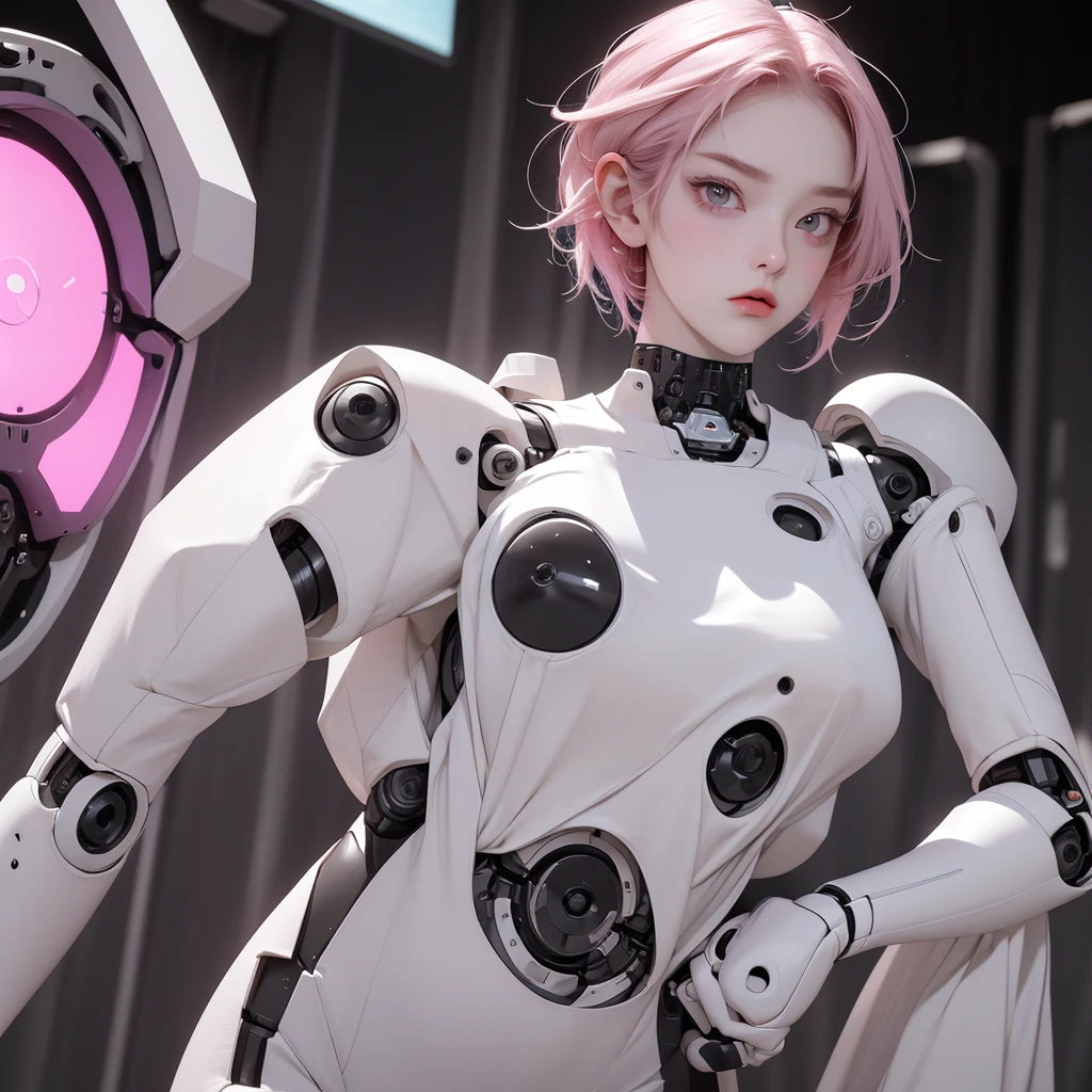 a girl with a full white robotic body, featuring sleek and high-tech components. She has short pink hair, purple eyes, and an angry expression. She wears a robot mask that partially covers her face, blending seamlessly with her polished mechanical limbs and torso. The subtle lights and mechanical joints of her body enhance the contrast between her human-like features and her robotic form.