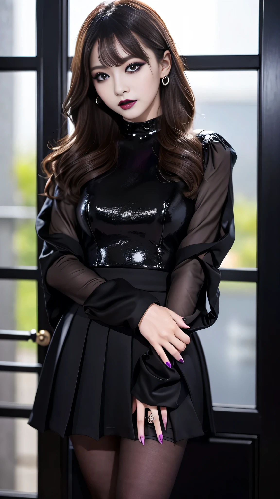 best quality、ultra-detailed、8k、Japanese、Japanese、Seductive beauty、seductive adult woman、Pretty Woman、cool girl、smirk、Wicked Smile、Villainess、brainwash makeup、Brainwashed、brainwash、Fallen into evil、Evil look、evil、Brown hair、wavy hair、swept bangs、dark makeup、piercing eyes、hollow eyes,half-closed eyes、Hollow Eyes、purple Eyeshadow、black lipstick、black lipglos、black elegant dress、wide sleeve、Black flared skirt、skin color pantyhose、stockings、night、inside darkroom、hand hold pantyhose、Are standing、Look、Offer、shoot from below、Swear allegiance、I have pledged my allegiance、