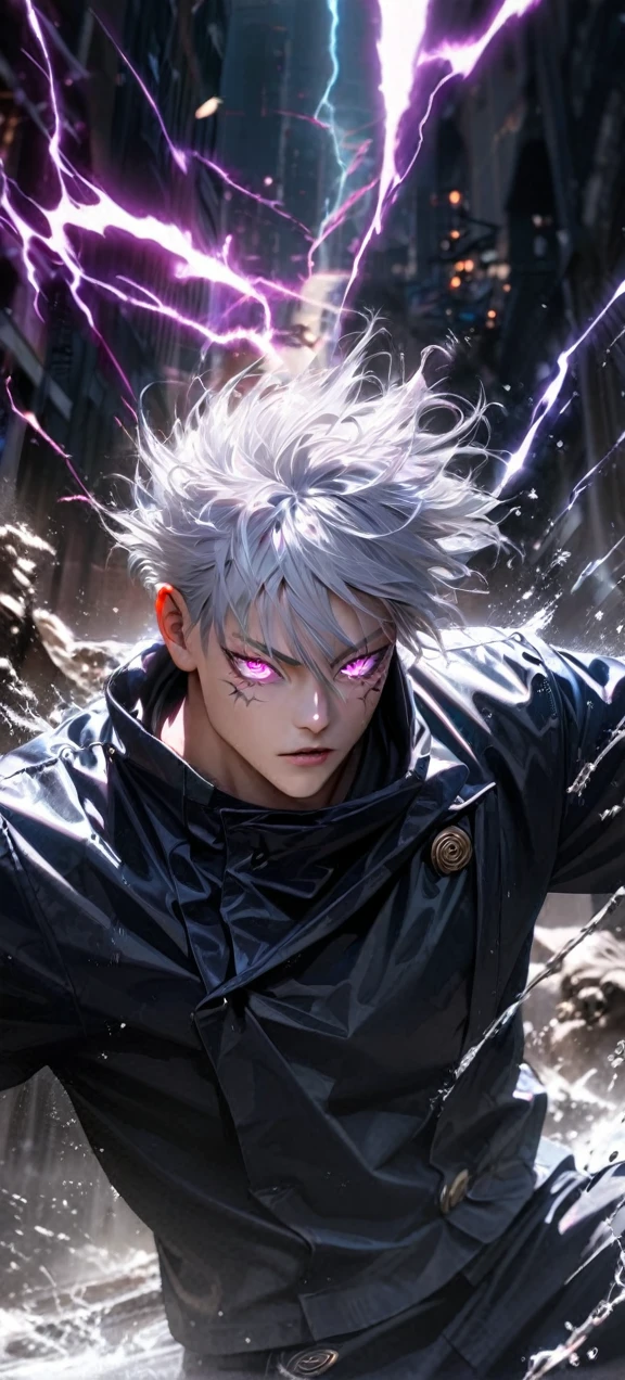  High quality, ultra realistic,absurdres, highres, ultra detailed, HDR, masterpiece, extremely detailed face and eyes,  Gojo satoru , jujutsu kaisen,, white hair ,black shirt , solo, ,man, handsome, ,white eyeleshes , Epic fight scene, purple splashing effect,purple lightning  effect,glowing glitters , 