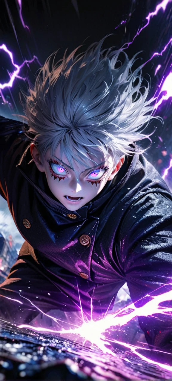  High quality, ultra realistic,absurdres, highres, ultra detailed, HDR, masterpiece, extremely detailed face and eyes,  Gojo satoru , jujutsu kaisen,, white hair ,black shirt , solo, ,man, handsome, ,white eyeleshes , Epic fight scene, purple splashing effect,purple lightning  effect,glowing glitters , 