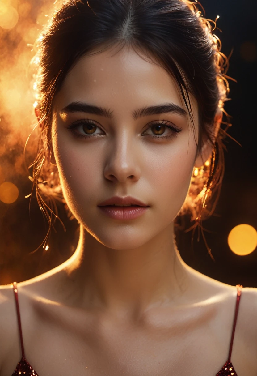 A movie film still of super very close-up portrait of a beautiful 18 year old woman with a mesmerizing and intense gaze, her face illuminated by warm, glowing light. She has glittering gold dust on her face, gold reflection in her eyes, and her lips are a deep, glossy red with shiny sparkles. The background is dark, with sparks and embers floating around her, creating a mystical and fiery atmosphere. Her expression is one of awe and wonder, with eyes reflecting the glowing light. Her hair is slightly messy, adding to the dramatic and ethereal feel of the scene. soaked film, 4k , 8k ,UHD, slightly sweaty skin, arms up, sleeveless, armpit, collarbone, photorealistic,