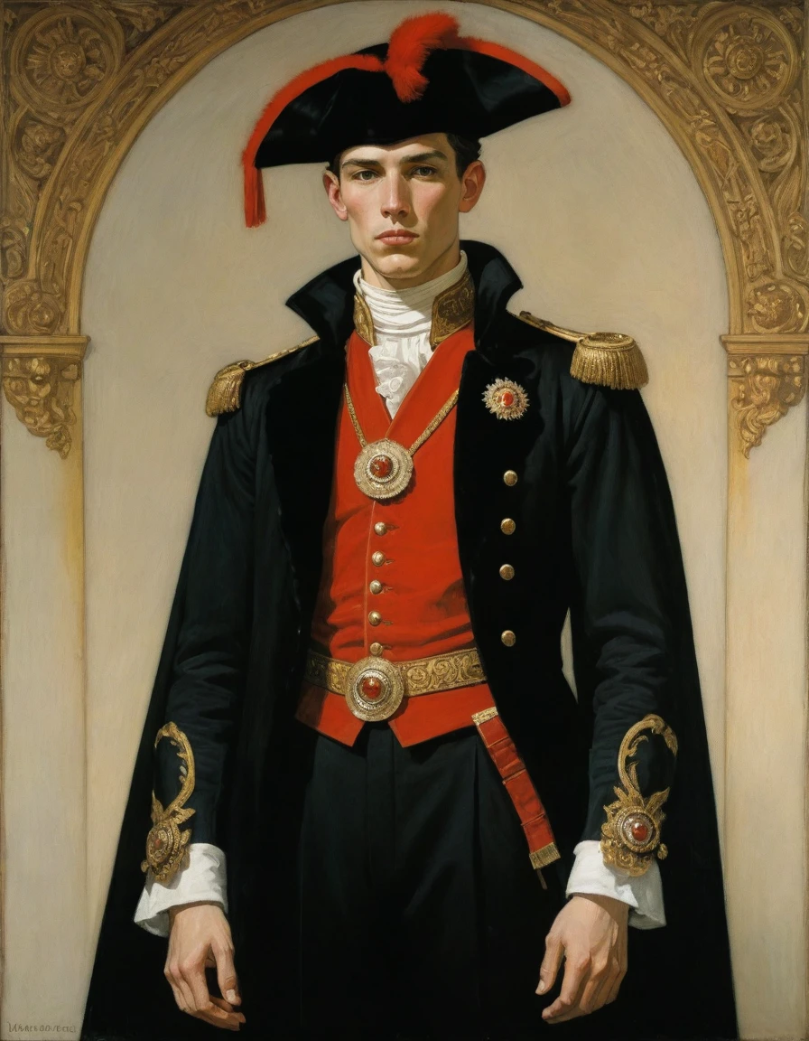 Design me a {{Colossal Masterpiece, high detail}}, a ((((full body portrait, male focus)))), ((by Moebius)), (by J. C. Leyendecker), the composition is: a very young male nobleman, sullen, facing viewer. He is wearing a fur hat. He is wearing a black Praetorian uniform with Slavic elements, sashes, medals, red diamond medals.
