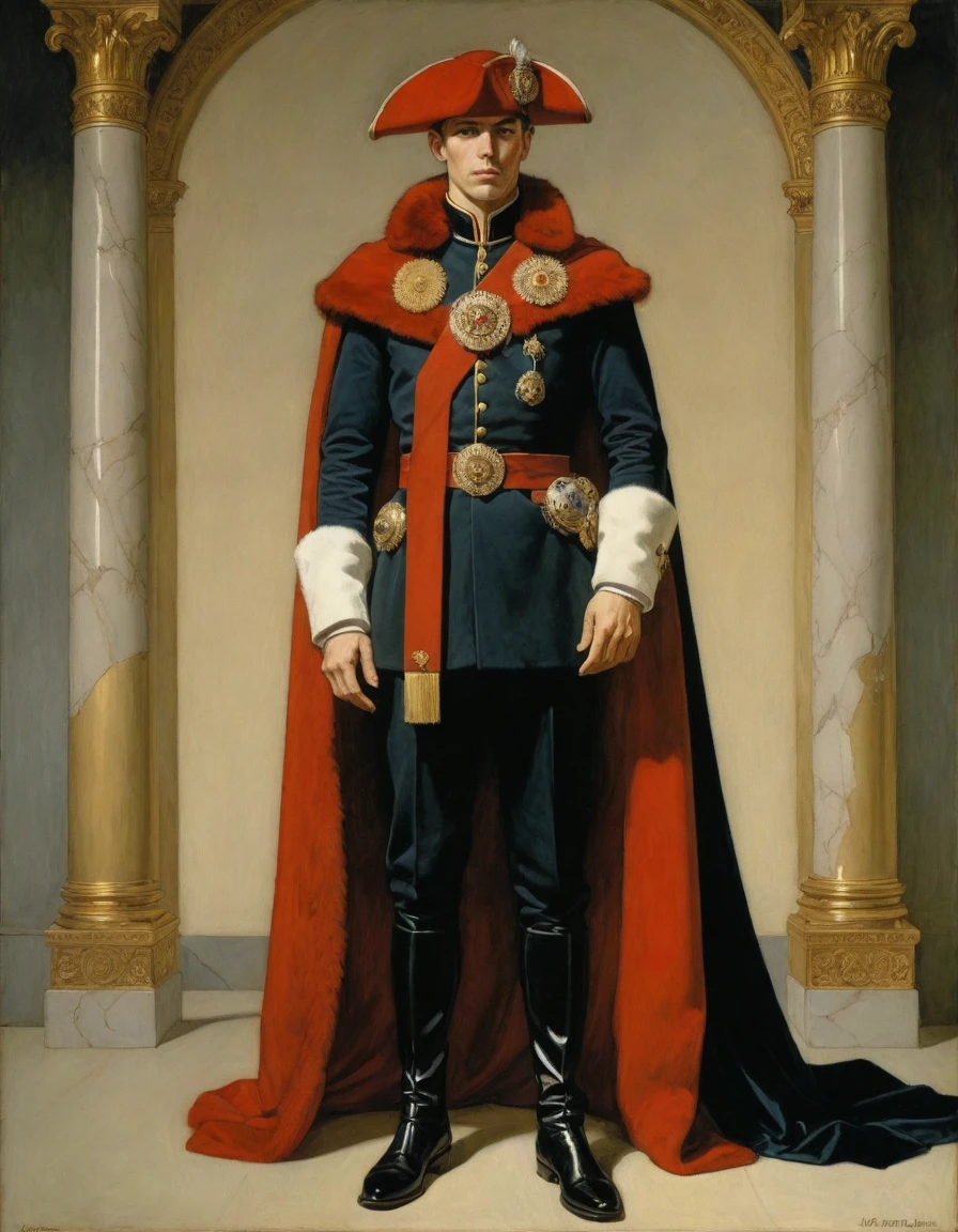 Design me a {{Colossal Masterpiece, high detail}}, a ((((full body portrait, male focus)))), ((by Moebius)), (by J. C. Leyendecker), the composition is: a very young male nobleman, sullen, facing viewer. He is wearing a fur hat. He is wearing a black Praetorian uniform with Slavic elements, sashes, medals, red diamond medals.
