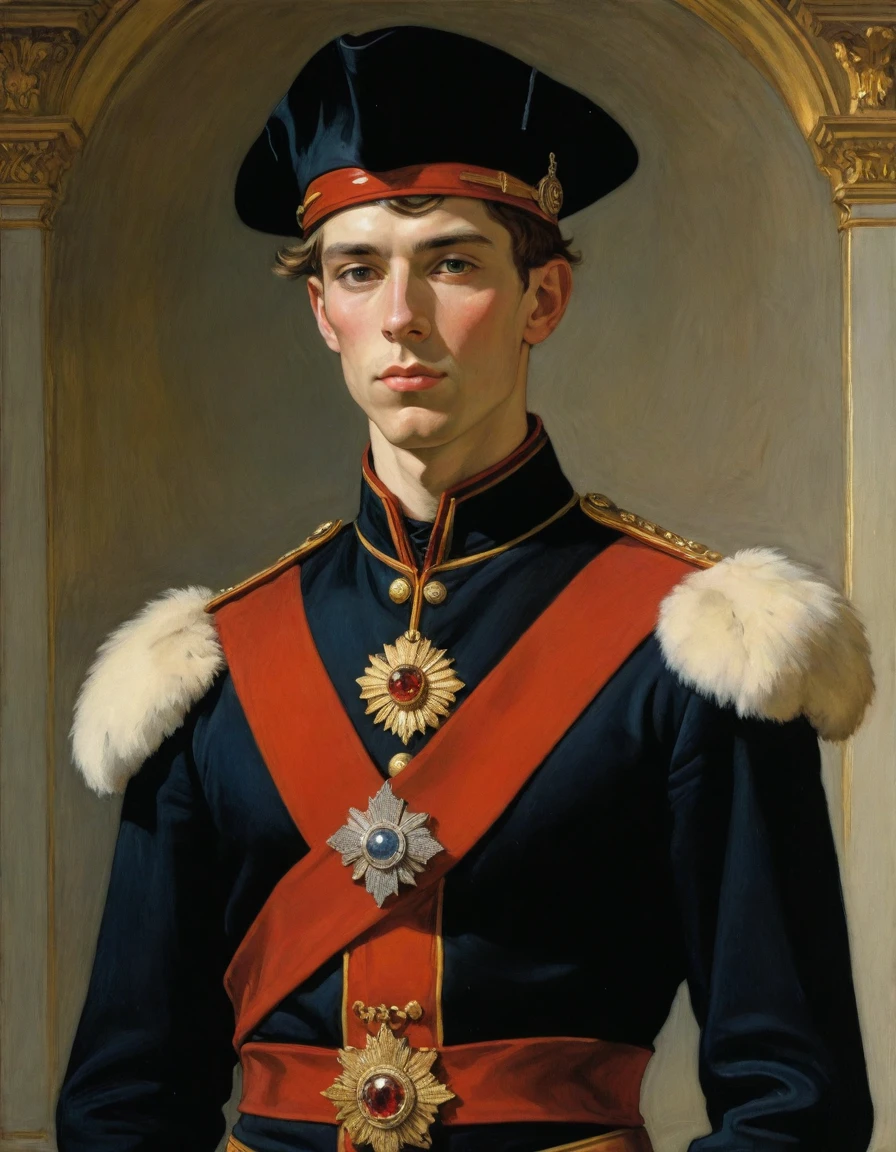 Design me a {{Colossal Masterpiece, high detail}}, a ((((full body portrait, male focus)))), ((by Moebius)), (by J. C. Leyendecker), the composition is: a very young male nobleman, sullen, facing viewer. He is wearing a fur hat. He is wearing a black Praetorian uniform with Slavic elements, sashes, medals, red diamond medals.
