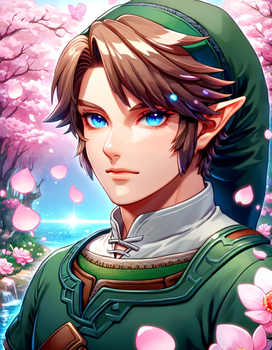 Ultra detailed, highres, absurdres, HDR, master piece, Link, brown hair, expressive blue eyes, green tunic, The Legend Of Zelda (Twilight Princess), fantasy, pink petals, pink flowers, handsome, sexy man, solo, magical, shining, pink butterflies, best quality, extremely detailed face and eyes, water, blossoms, green hat