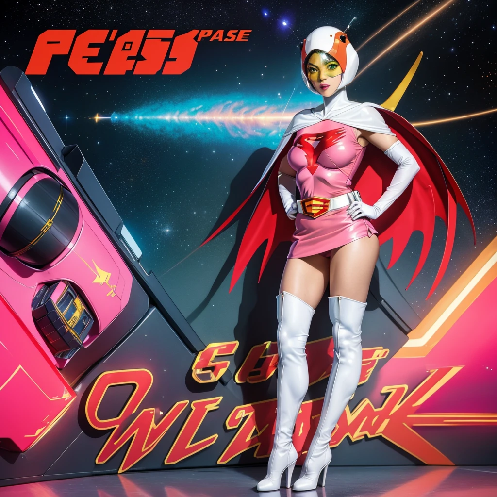 ANI_CLASSIC_jun_gatchaman_ownwaifu,1girl, ,good anatomy, masterpiece, best quality,realistic, hyperrealistic, 16k hdr,breasts,green eyes,lips,large breasts,lipstick,makeup,gloves,cape,helmet,belt,elbow gloves,white gloves,mask,ultra miniskirt,leotard,spacesuit,white tight overknee highheels boots,pink dress,superhero,bodysuit,cleavage,erected nipples,((stand pose,hands on hip)),cameltoe