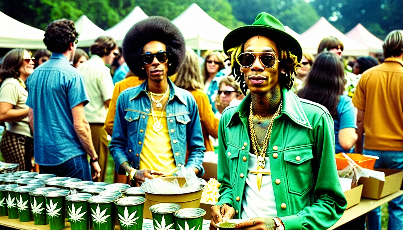 1970s photo of "Wiz Khalifa" wearing 1970s attire while attending a marijuana bake sale,