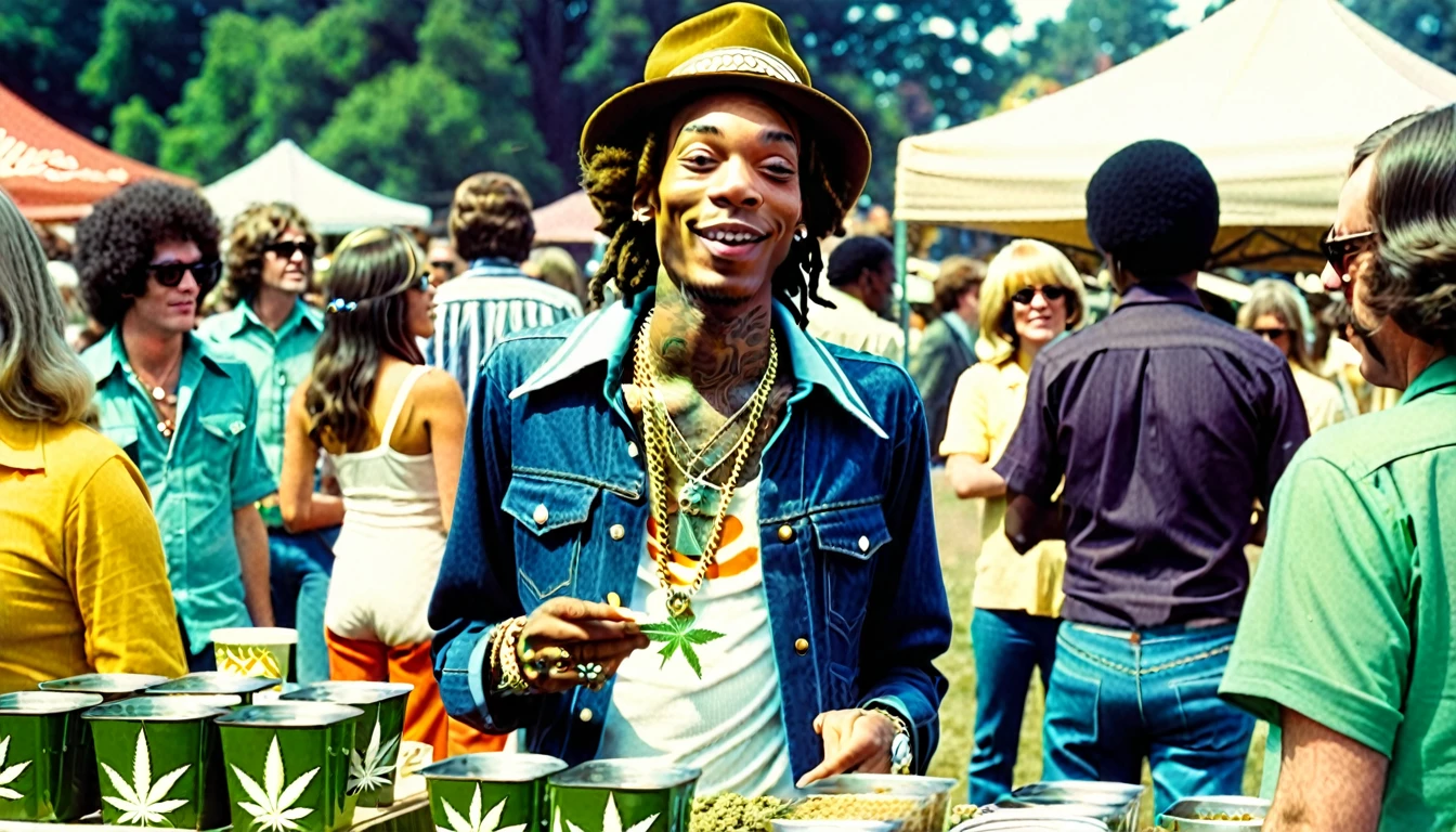 1970s photo of "Wiz Khalifa" wearing 1970s attire while attending a marijuana bake sale,