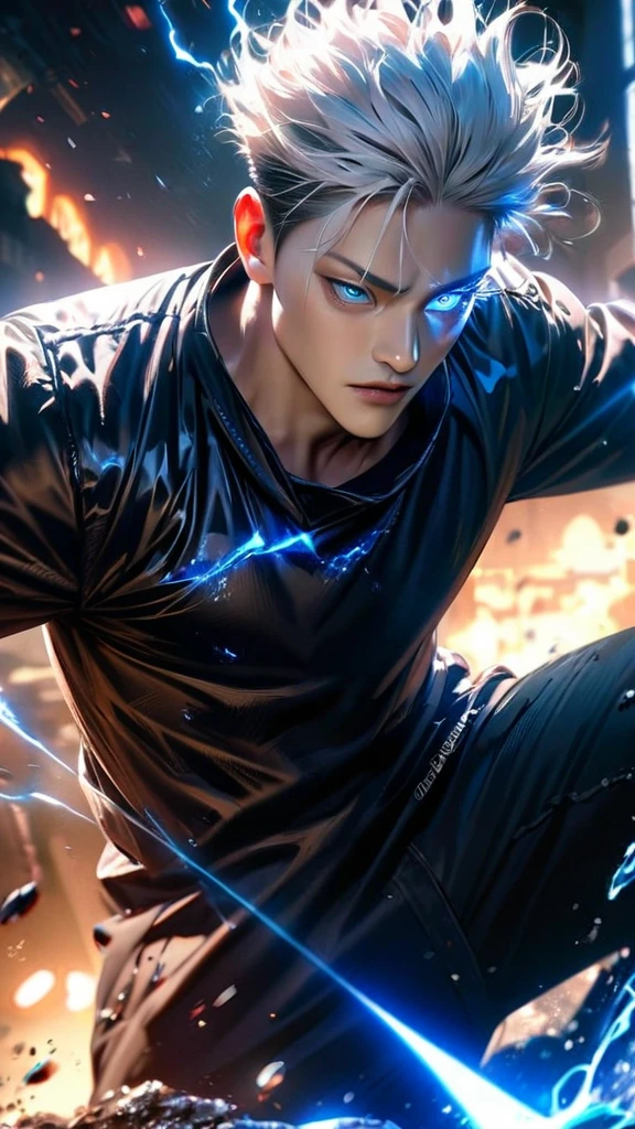 High quality, ultra realistic,absurdres, highres, ultra detailed, HDR, masterpiece, extremely detailed face and eyes, Gojo satoru , jujutsu kaisen,, white hair ,black shirt , solo, ,man, handsome, blue eyes,white eyeleshes , Epic fight scene, blue splashing effect,blue lightning effect,glowing glitters ,
