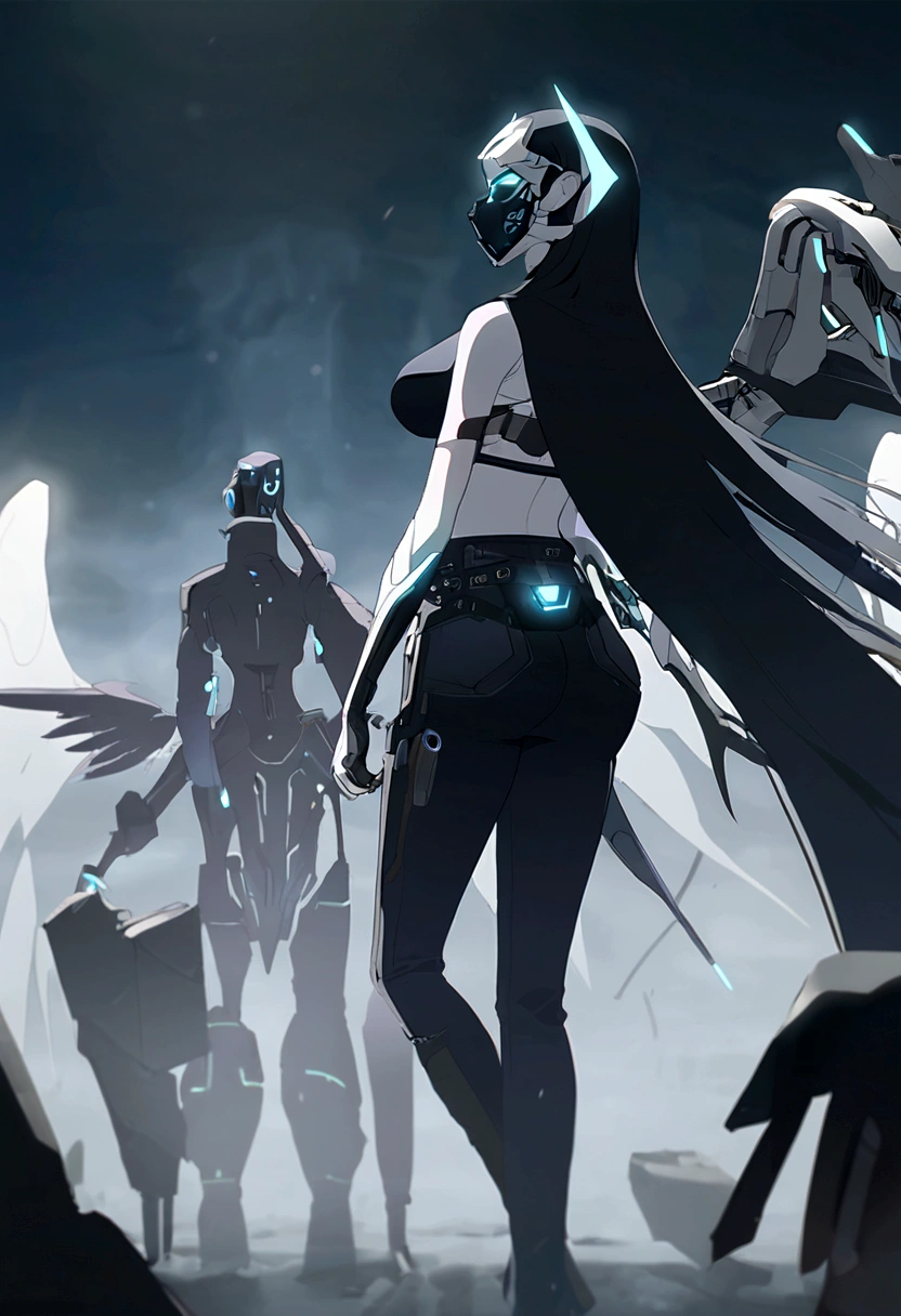 Long black hair woman, cybernetic face mask, with wings from the back of the mask entirely cybernetic right arm, having a black long shoulder cape on the right arm, wearing a black crop top covering medium sized breasts, and long black pants with boots, having a lightly loose belt.