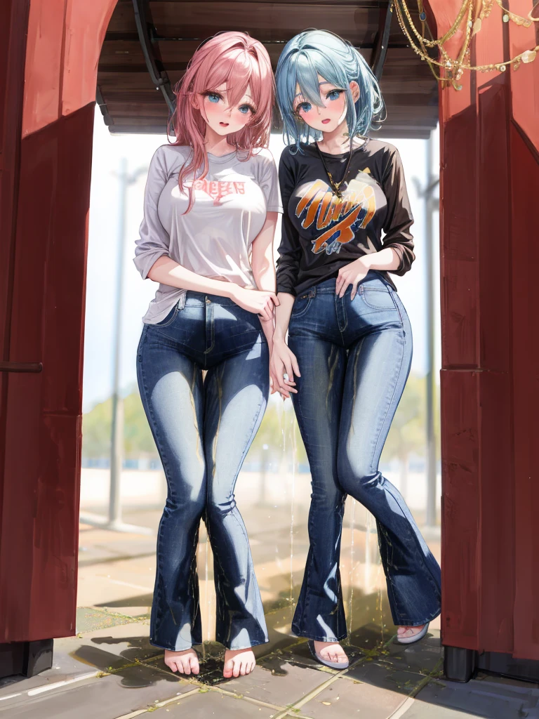 best quality, highres, 8k, masterpiece, immersive atmosphere, chiaroscuro:(1.5, bright light:1.2, luminous lighting), blurring, (background blur:1.5), 
(dynamic angle, standing:1.2), outdoors, downtown, (legs focus, full body:1.5), delicate features, (beautiful face, beautiful eyes, beautiful legs), not safe for work, (opaque:1.5), high contrast, (peeing self:1.7), wetting herself, (pee stain:1.5), peeing herself, (urination:1.5),
group of 3 girls, 20 years old, european, white skin, bright lips, blush, scared, panicking, open mouth, looking at viewer, (slender figure:1.1), large breast, hard nipples, (hands between legs:1.4), (jeans pants:1.2, skinny jeans:1.2, flares jeans:1.2, blue jeans:1.2), (knees together feet apart:1.4)