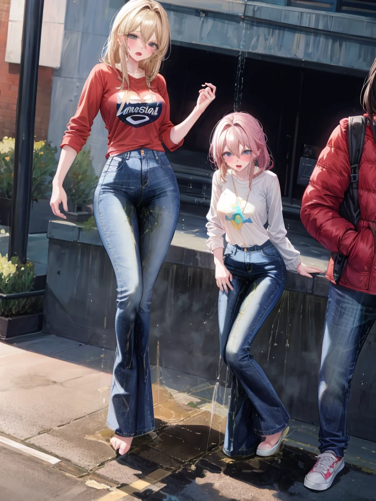 (masterpiece, top quality, best quality, highly detailed:1.2), 5girl, group, full body, photo of cute embarrassed tweens standing in the mall and peeing on the floor, peeing self, having an accident, mall, indoor, standing, ((pee stream)), (pee puddle), pee stain, skinny jeans, wet jeans, wet furniture, pee puddle, peeing, sneakers, crop top, blonde, blue eyes, blushing, frowning, multi-colored bracelet