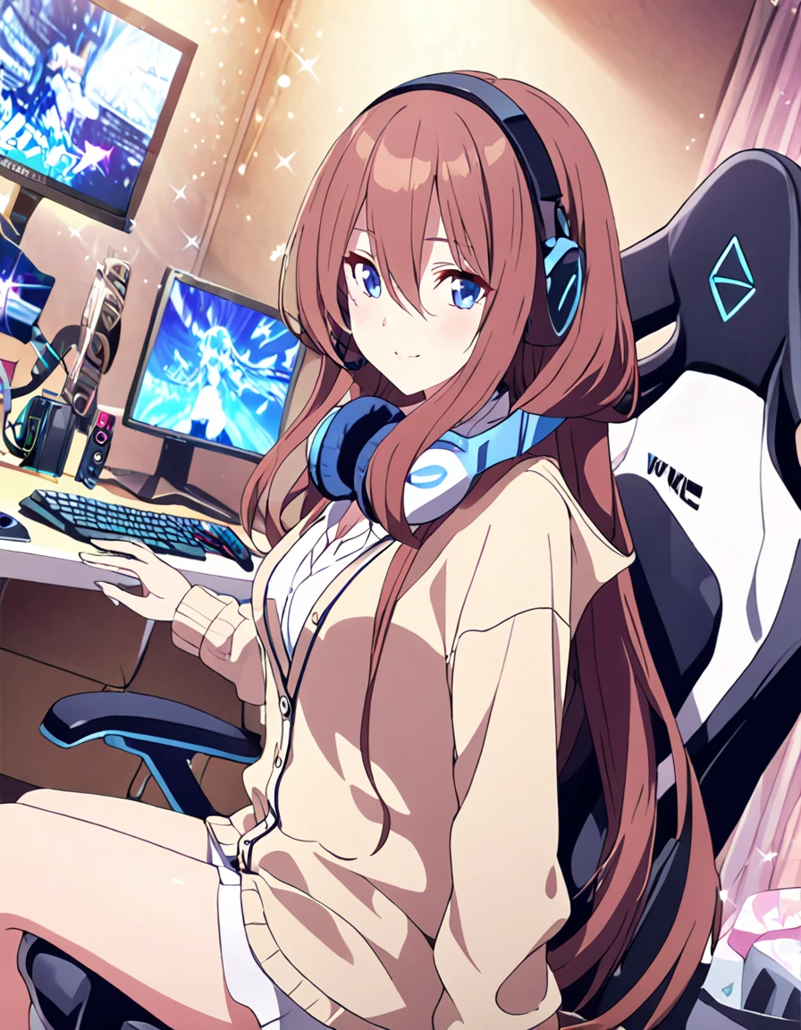 (A girl lounging in her bedroom), (a PC monitor turned on, a gaming chair), (a cluttered room), (fetal position), (perfect face), Sparkling, (masterpiece, best quality), (absurdres absolutely resolution), (8k), (detailed illustration), (super fine illustration), (professional lighting), (vivid color), detailed beatiful face, detailed beatiful eyes, detailed beatiful hair, perfect body, perfect hands, dynamic pose, dutch angle}, , looking at viewer, miku nakano, long hair, bangs, blue eyes, brown hair, shirt, hair between eyes, cardigan, headphones around neck, mature female, medium breasts.
