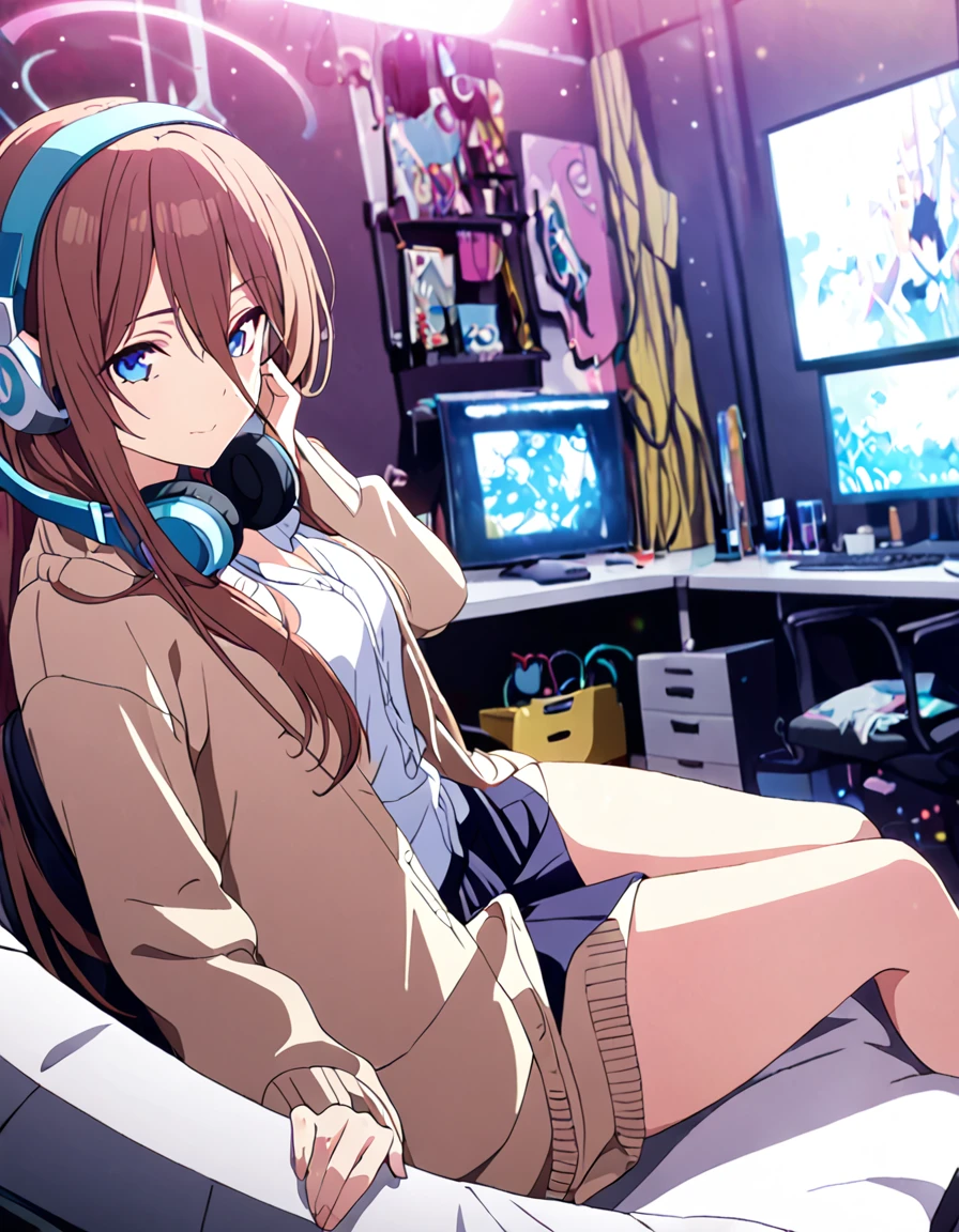 (A girl lounging in her bedroom), (a PC monitor turned on, a gaming chair), (a cluttered room), (fetal position), (perfect face), Sparkling, (masterpiece, best quality), (absurdres absolutely resolution), (8k), (detailed illustration), (super fine illustration), (professional lighting), (vivid color), detailed beatiful face, detailed beatiful eyes, detailed beatiful hair, perfect body, perfect hands, dynamic pose, dutch angle}, , looking at viewer, miku nakano, long hair, bangs, blue eyes, brown hair, shirt, hair between eyes, cardigan, headphones around neck, mature female, medium breasts.