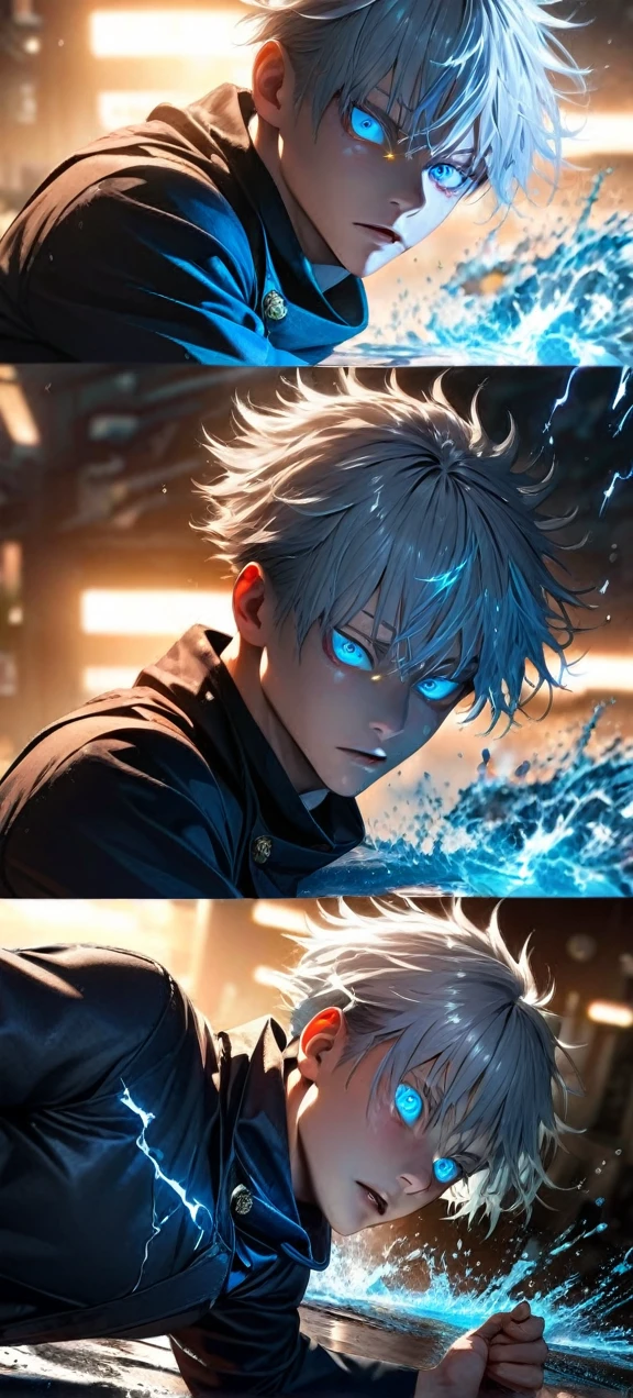  High quality, ultra realistic,absurdres, highres, ultra detailed, HDR, masterpiece, extremely detailed face and eyes,  Gojo satoru , jujutsu kaisen,, white hair ,black shirt , solo, ,man, handsome, ,white eyeleshes, blue eyes , Epic fight scene, blue splashing effect,blue lightning  effect,glowing glitters , 