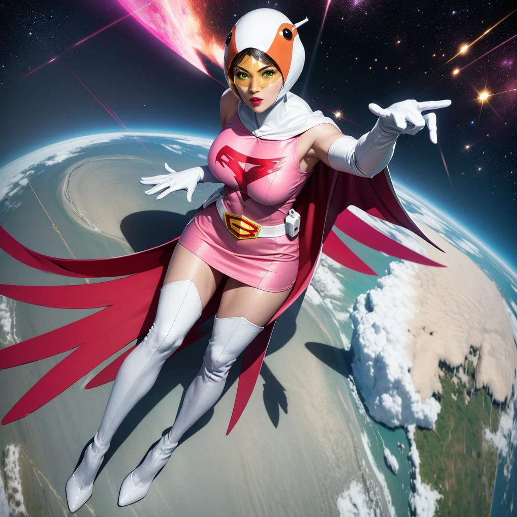 ANI_CLASSIC_jun_gatchaman_ownwaifu,1girl, yo,good anatomy, masterpiece, best quality,realistic, hyperrealistic, 16k hdr, long hair,breasts,green eyes,lips,large breasts,lipstick,makeup,gloves,cape,helmet,belt,elbow gloves,white gloves,mask,ultra miniskirt,leotard,spacesuit,white tight overknee highheels boots,pink dress,superhero,bodysuit,cleavage,erected nipples,(sexy pose,view from above),(spread legs:1.1),cameltoe