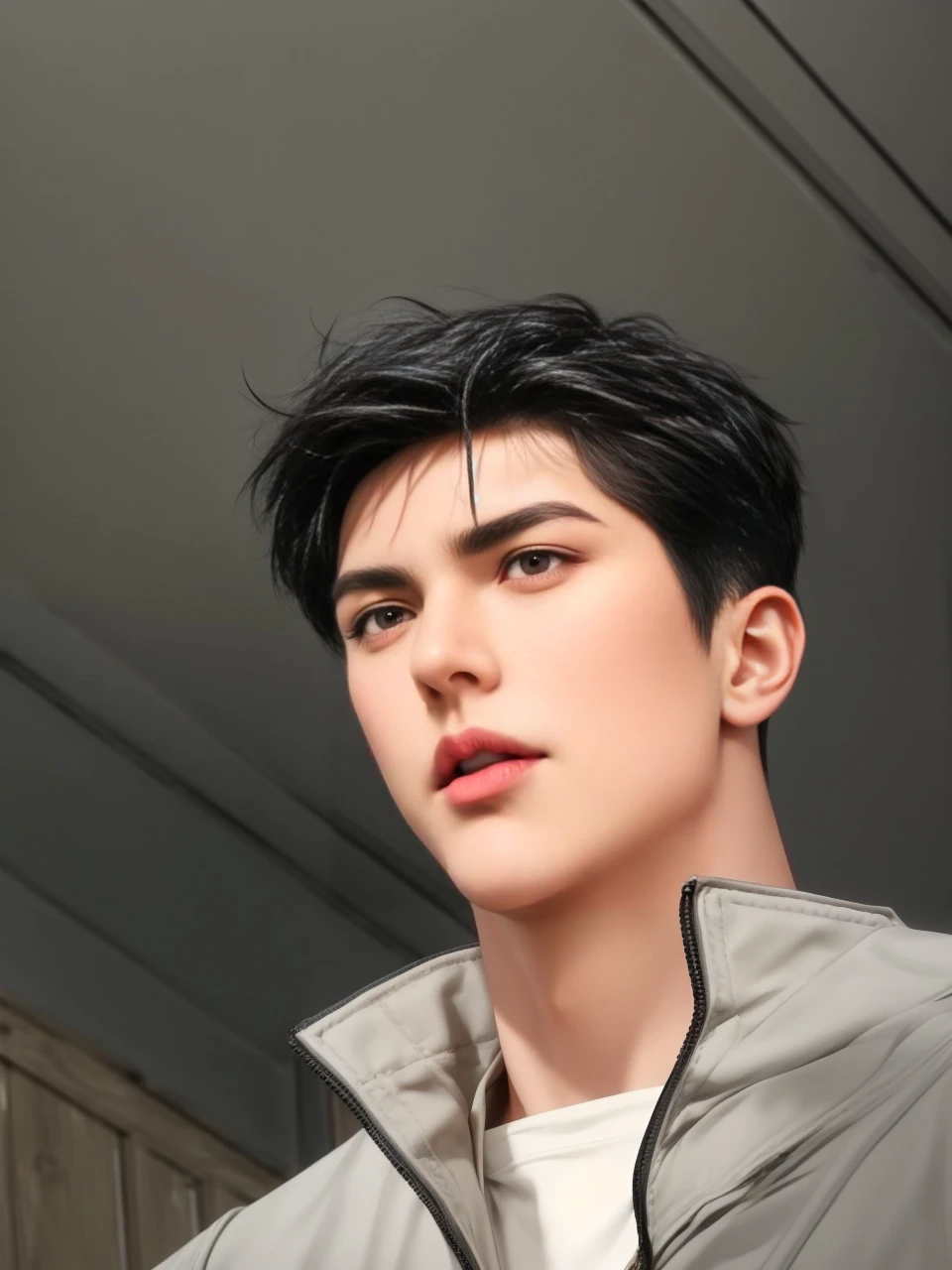 masterpiece, 1boy, adults, handsome, black hair, undercut hair, perfect face, detailed eyes and face, black eyes, clean shaved, muscular, capturing a rural atmosphere, dynamic lighting, unreal engine 5,