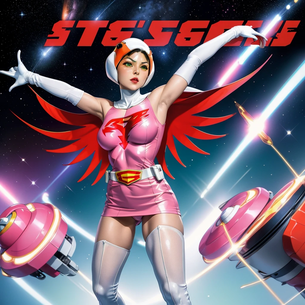 ANI_CLASSIC_jun_gatchaman_ownwaifu,1girl, ,good anatomy, masterpiece, best quality,realistic, hyperrealistic, 16k hdr,breasts,green eyes,lips,large breasts,lipstick,makeup,gloves,cape,helmet,belt,elbow gloves,white gloves,mask,ultra miniskirt,leotard,spacesuit,white tight overknee highheels boots,pink dress,superhero,bodysuit,cleavage,erected nipples,((standing pose,spread legs, arms up straight)),cameltoe