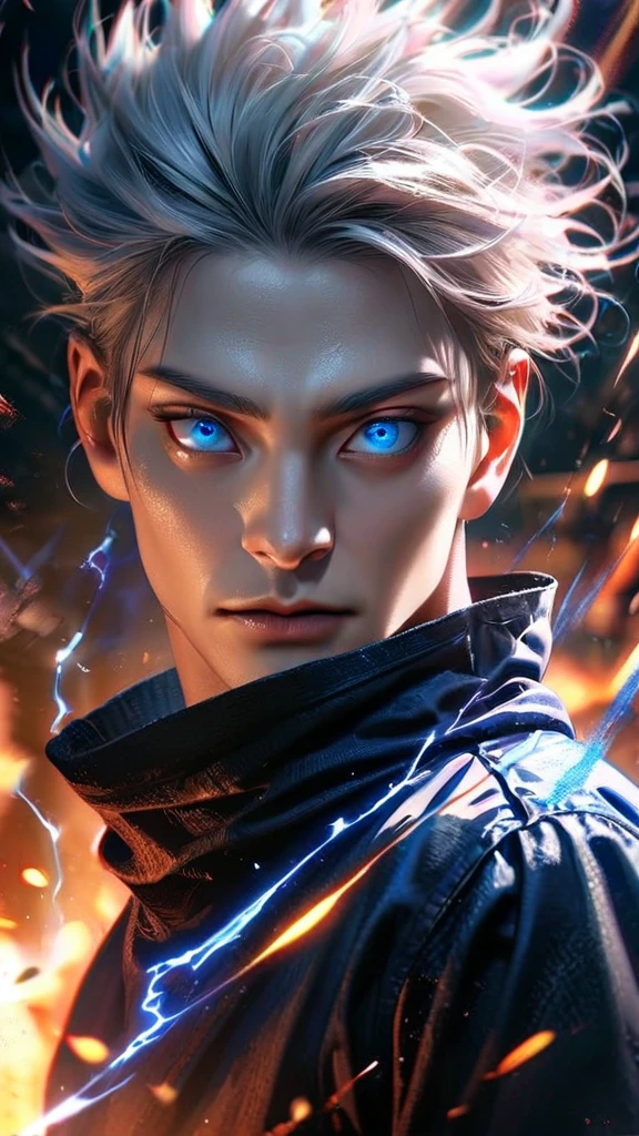 High quality, ultra realistic,absurdres, highres, ultra detailed, HDR, masterpiece, extremely detailed face and eyes, Gojo satoru , jujutsu kaisen,, white hair ,black shirt , solo, ,man, handsome, blue eyes,white eyeleshes , Epic fight scene, blue splashing effect,blue lightning effect,glowing glitters ,