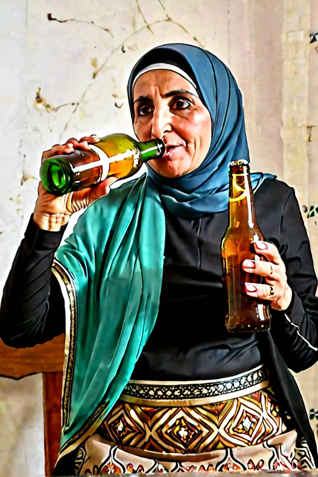 Kurdish older mature woman in straight hijab breasts drinking beer holding beer bottle