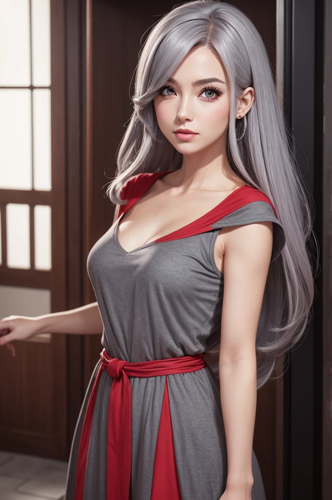 Make an adult female character wearing a gray dress, preto e vermelho, com cabelos  pigtaills brancos com ponta vermelha e cor dos olhos vermelho, anime,universo naruto