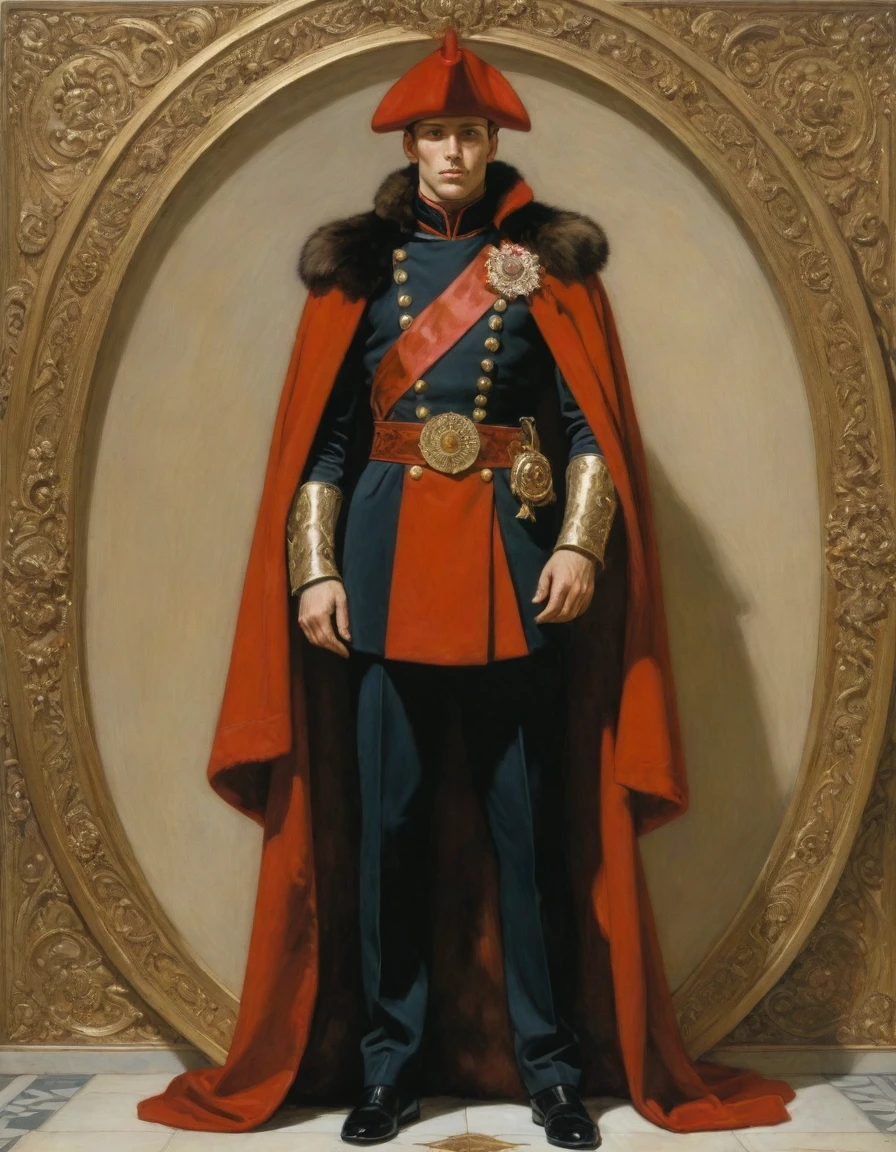 Design me a {{Colossal Masterpiece, high detail}}, a ((((full body portrait, male focus)))), ((by Moebius)), (by J. C. Leyendecker), the composition is: a very young male nobleman, sullen, facing viewer. He is wearing a fur hat. He is wearing a black Praetorian kit with Slavic elements, sashes, medals, red diamond medals.