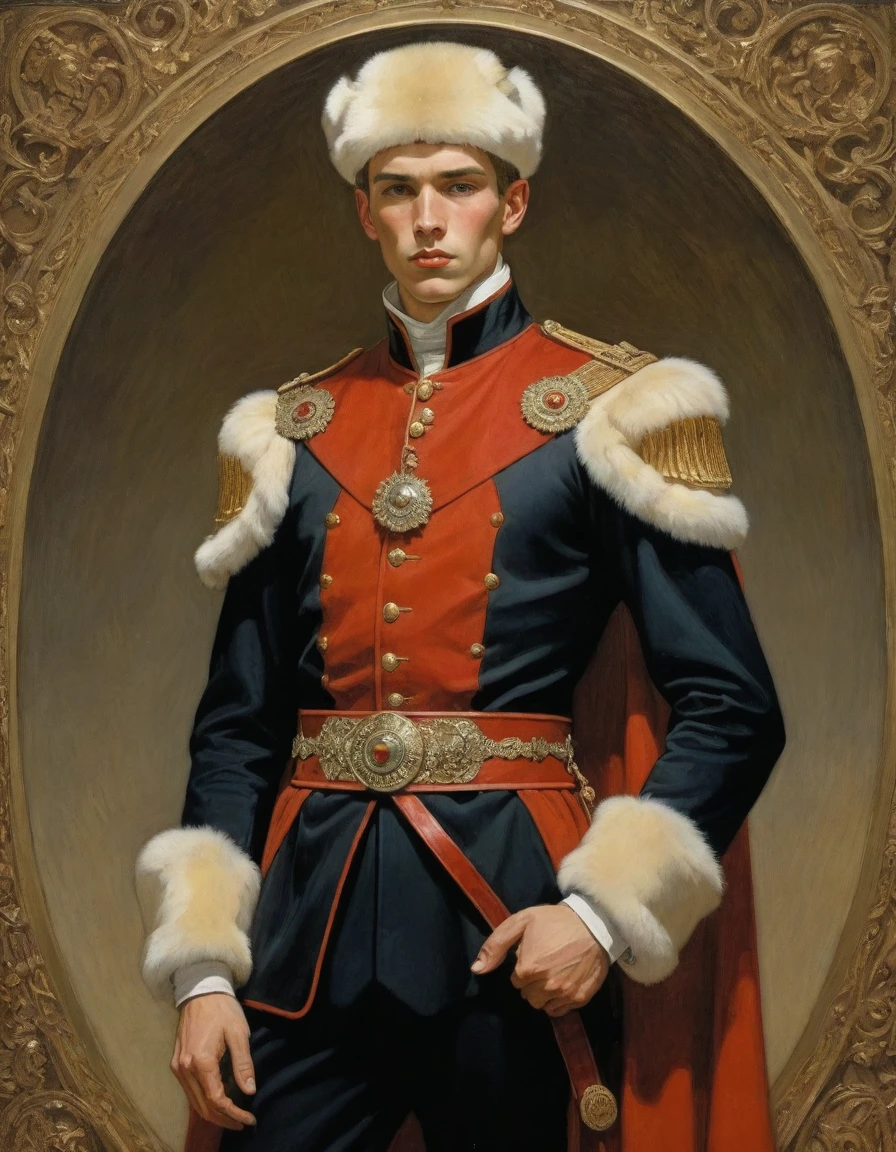 Design me a {{Colossal Masterpiece, high detail}}, a ((((full body portrait, male focus)))), ((by Moebius)), (by J. C. Leyendecker), the composition is: a very young male nobleman, sullen, facing viewer. He is wearing a fur hat. He is wearing a black Praetorian kit with Slavic elements, sashes, medals, red diamond medals.