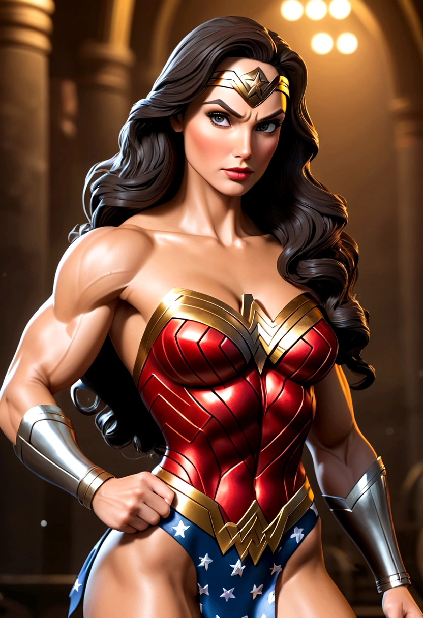 Make the character Wonder Woman very sexy in a bikini, muscular body and bodybuilder. Best quality, 8k, high quality, bodybuilder girl.