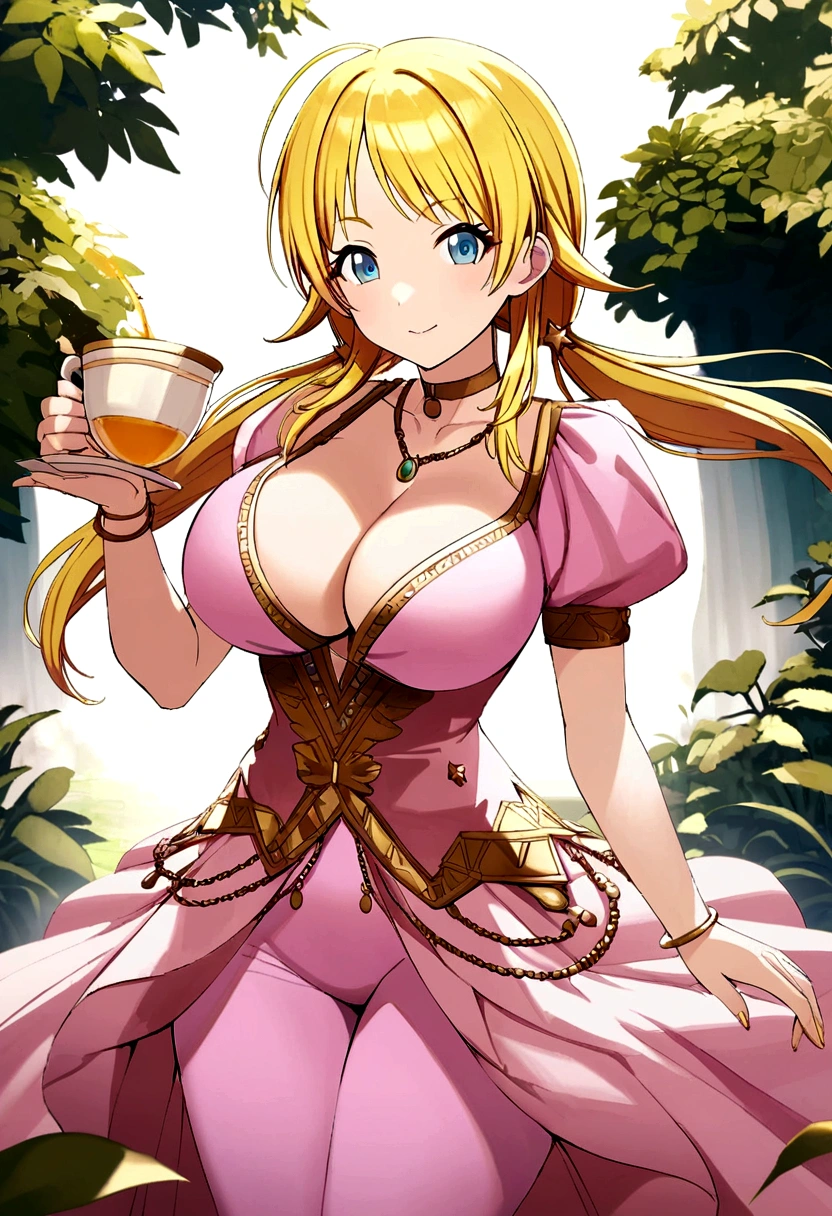 blonde Hachimiya Meguru with twintails, a very detailed face, blue eyes, a pink tight noble dress with very large breasts, a slim waist, slim hips, a very deep cleavage, golden necklaces and a golden choker, standing in a garden pouring tea in a cup.